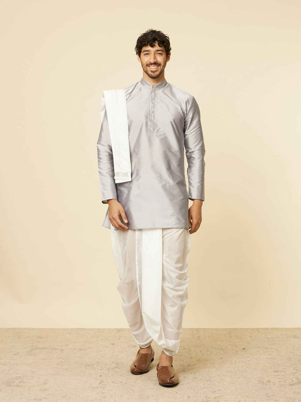 Soft Grey and Cream Zari Detailed Traditional South Indian Dhoti Set image number 2